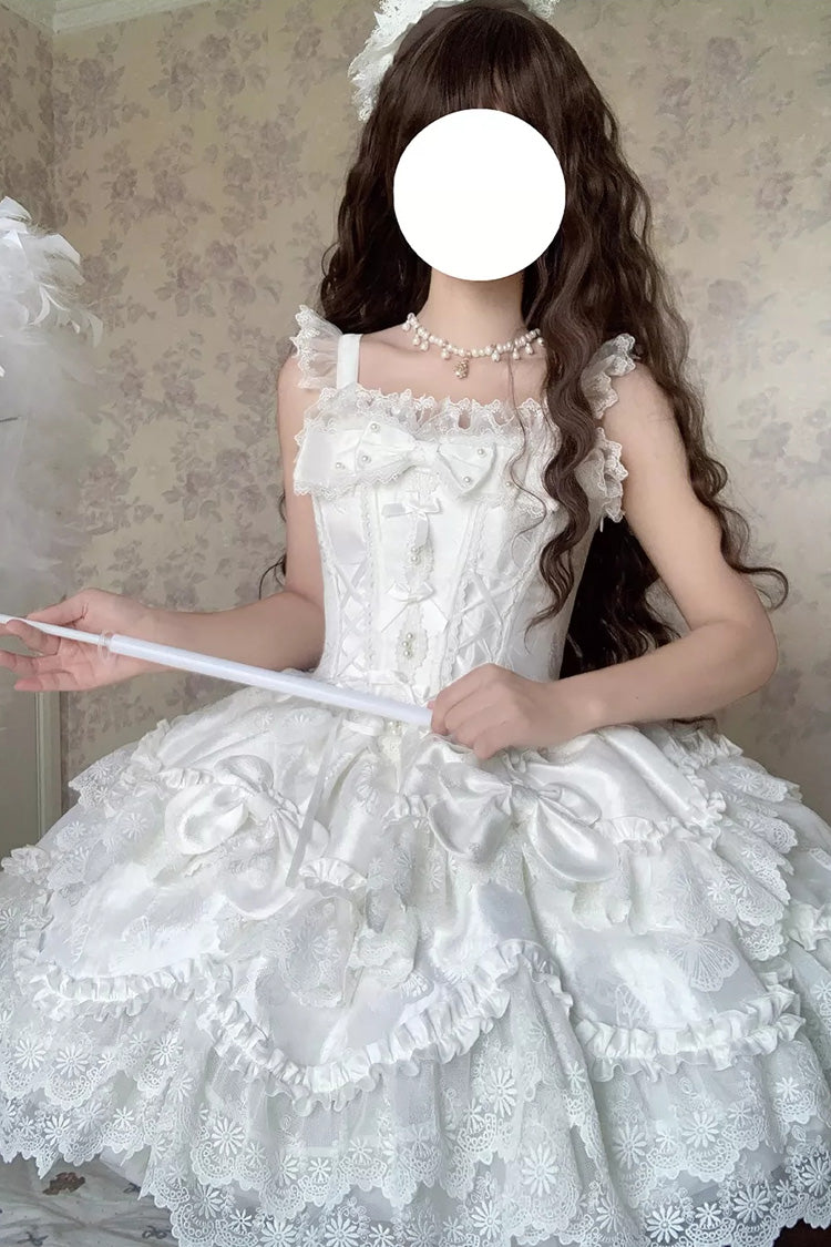 White [Realm of Sea Moon] Square Collar Sleeveless Multi-Layered Jacquard Ruffled Bow Lace Lace-Up Sweet Lolita Jsk Dress - White - 1