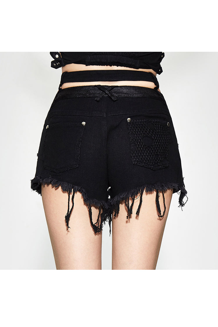 Black Double Waistband Burr Distressed Women's Punk Shorts - Product - 7