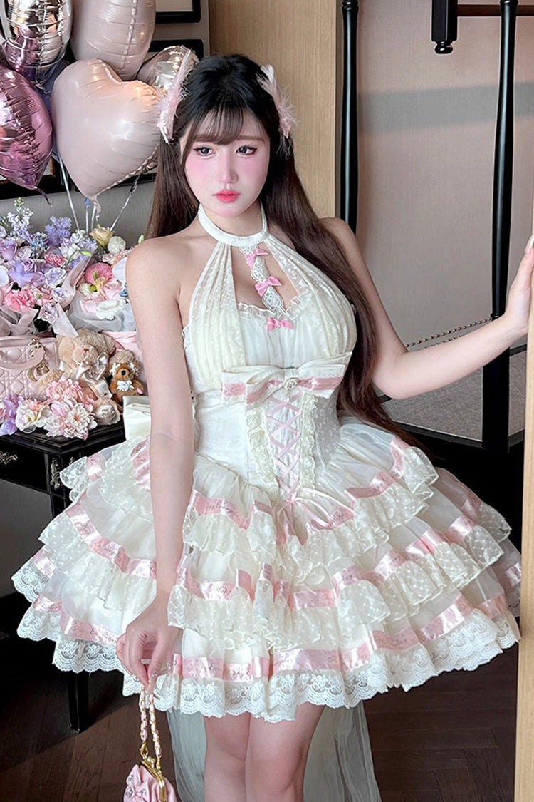 Beige [Ballet Dream] Halterneck Triple-Layered Ruffle Bowknot Lace-Up Sweet Princess Lolita Dress - Product - 6