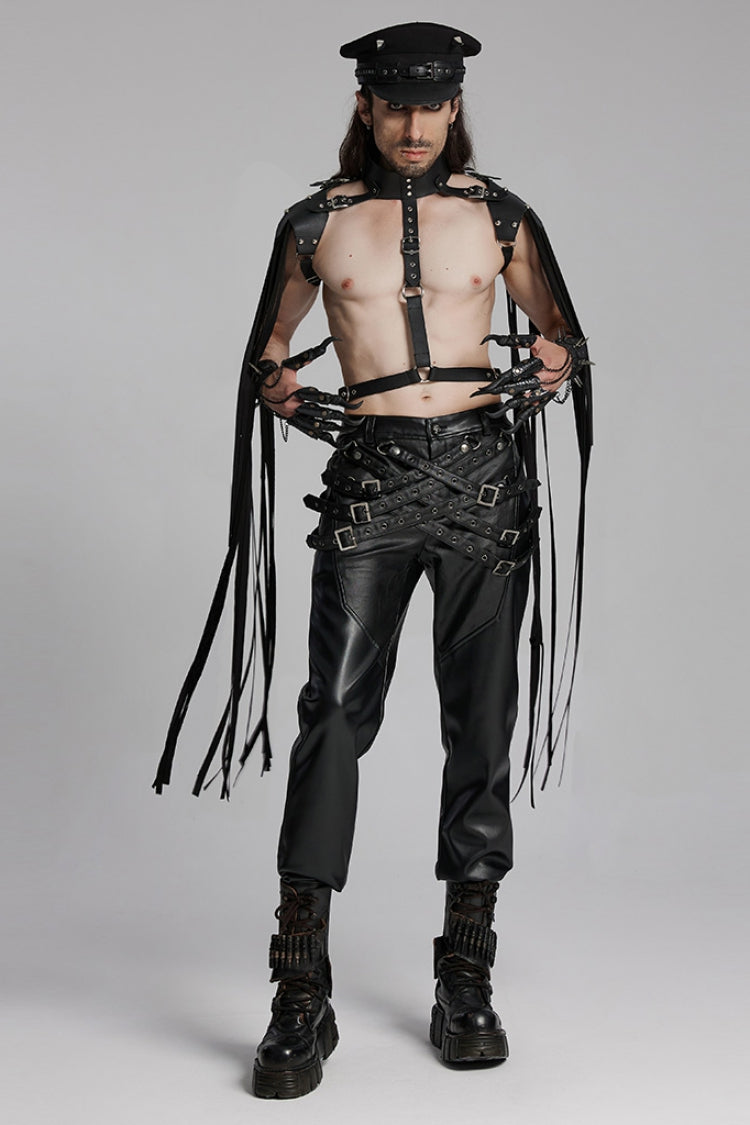 Black Mesh Buckle Strap Men's Punk Pants - Product - 4