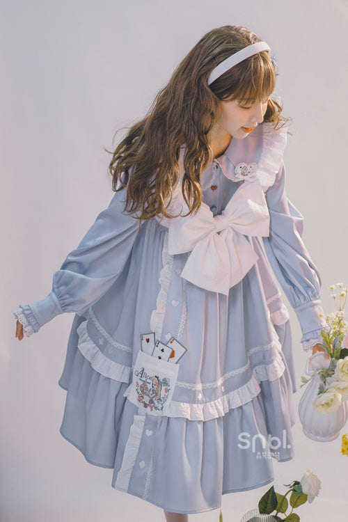 Blue Doll Collar Single Breasted Princess Sleeves High Waist Magic Playing Cards Sweet Lolita OP Dress - Product - 4