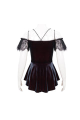 Red Stretch Velvet Eyelash Lace Short-Sleeved One-Shoulder Women's Gothic Strap T-Shirt - Product - 9