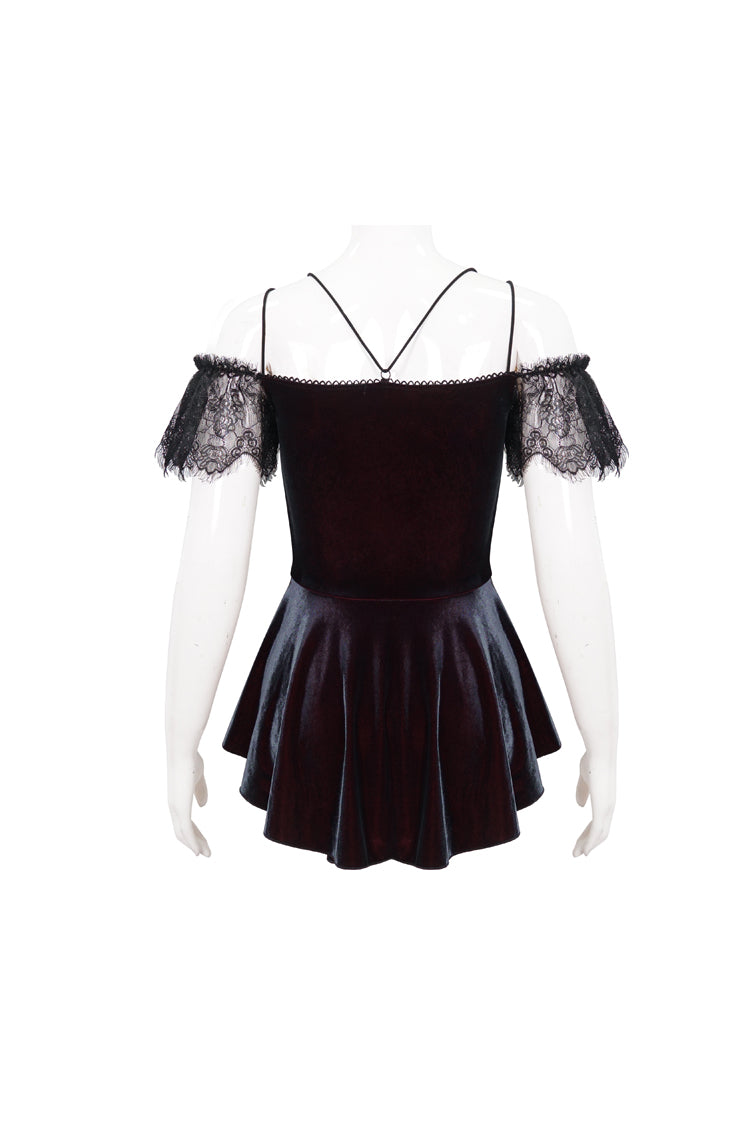 Red Stretch Velvet Eyelash Lace Short-Sleeved One-Shoulder Women's Gothic Strap T-Shirt - Product - 9