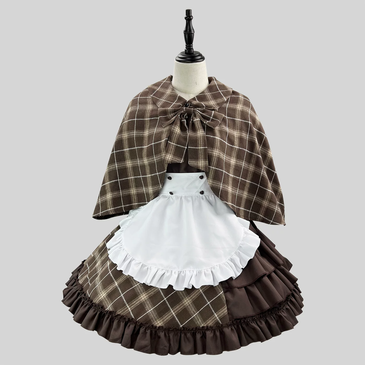 Brown Plaid Lolita Maid Dress Set Ruffled Apron Short Sleeve Bow Accent - view 4