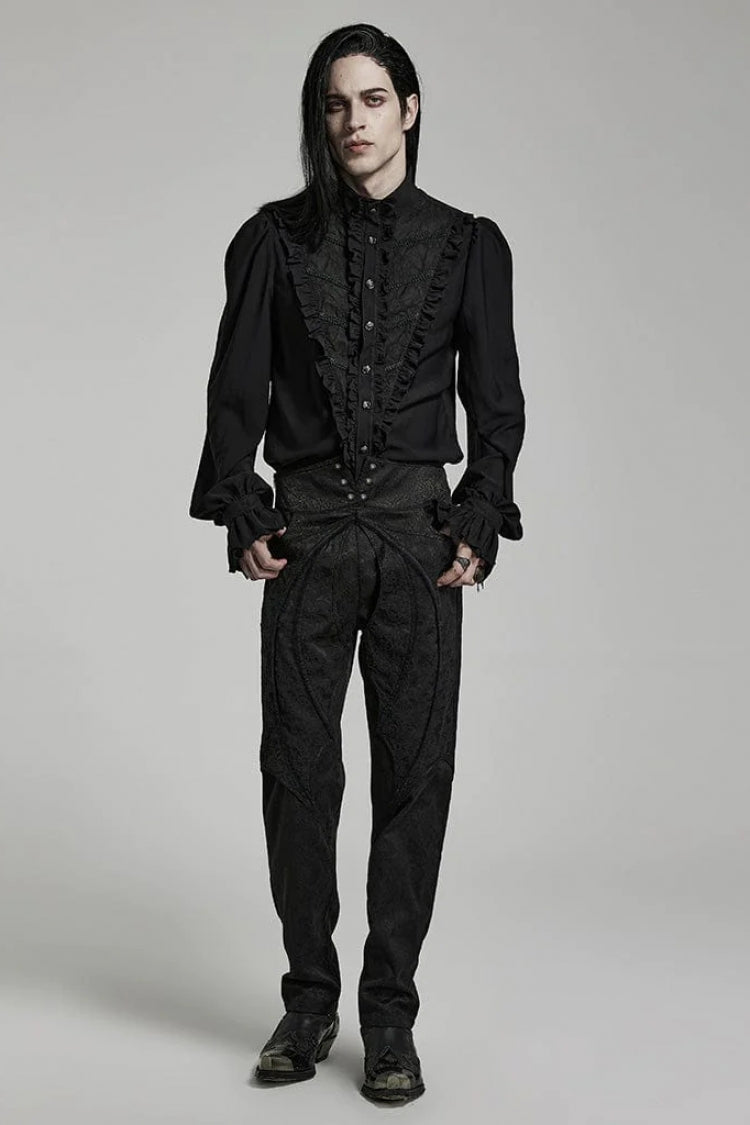 Black Stand Collar Ruffle Webbing Embellishment Mens Gothic Blouse - Product - 4