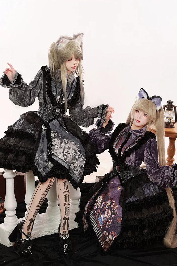 [Werewolf] Fairy Tale Lapel Collar Long Sleeves Printed Ruffled Open-Front Lace Heavy-Detailed Gothic Lolita Skirt Set (Red, Grey, Purple) - Product - 33