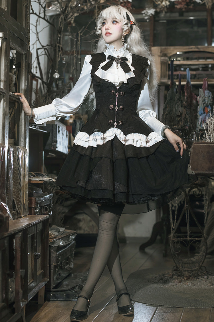Black/White [The Duke of Blood] Multi-Layered Ruffle Bowknot Gothic Lolita Vest Skirt Set - Product - 9