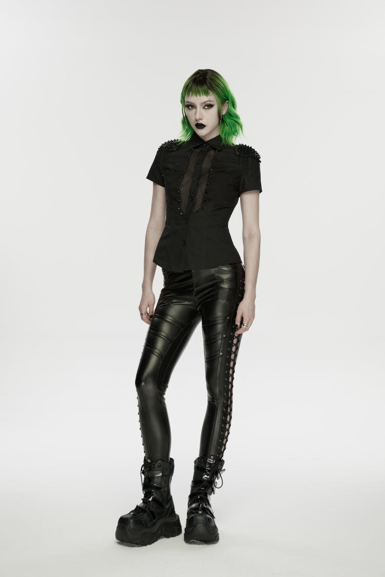 Black Studded Women's Punk  Drawstring Leggings - Product - 2