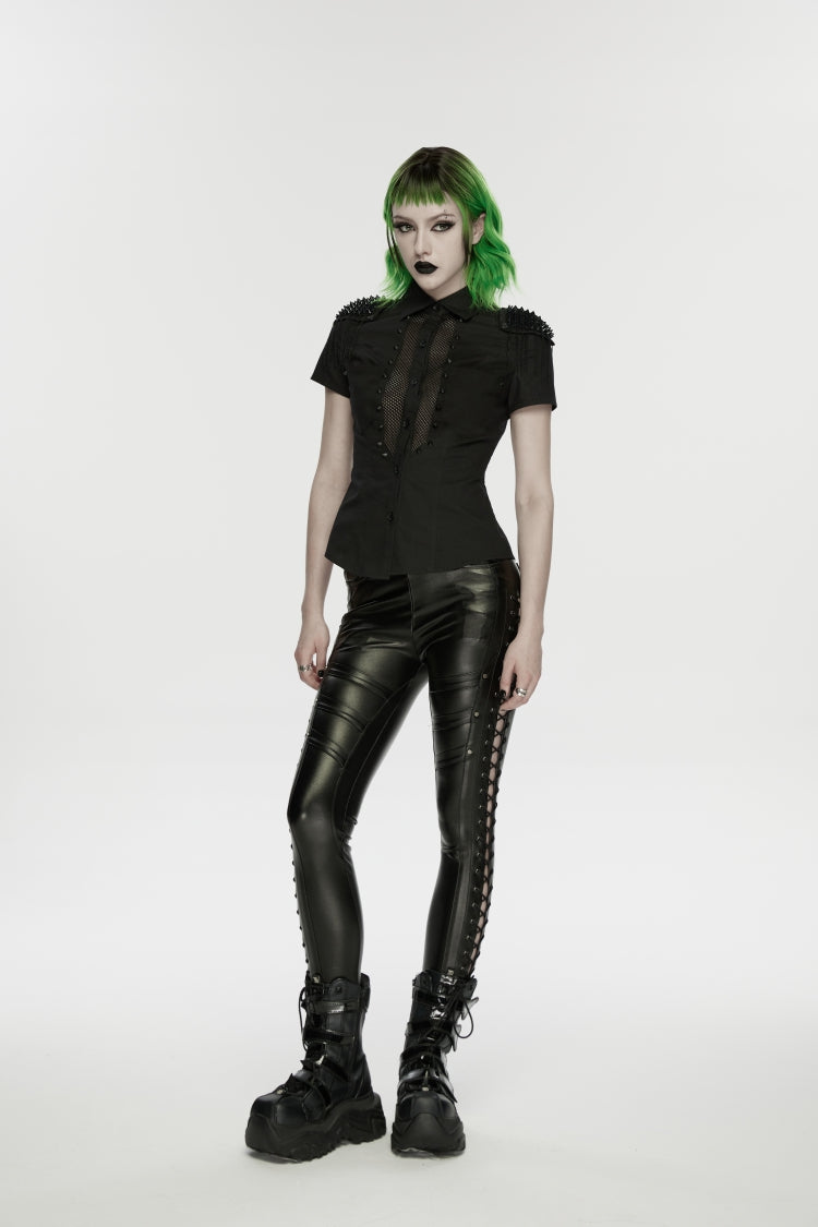 Black Studded Women's Punk  Drawstring Leggings - Product - 2