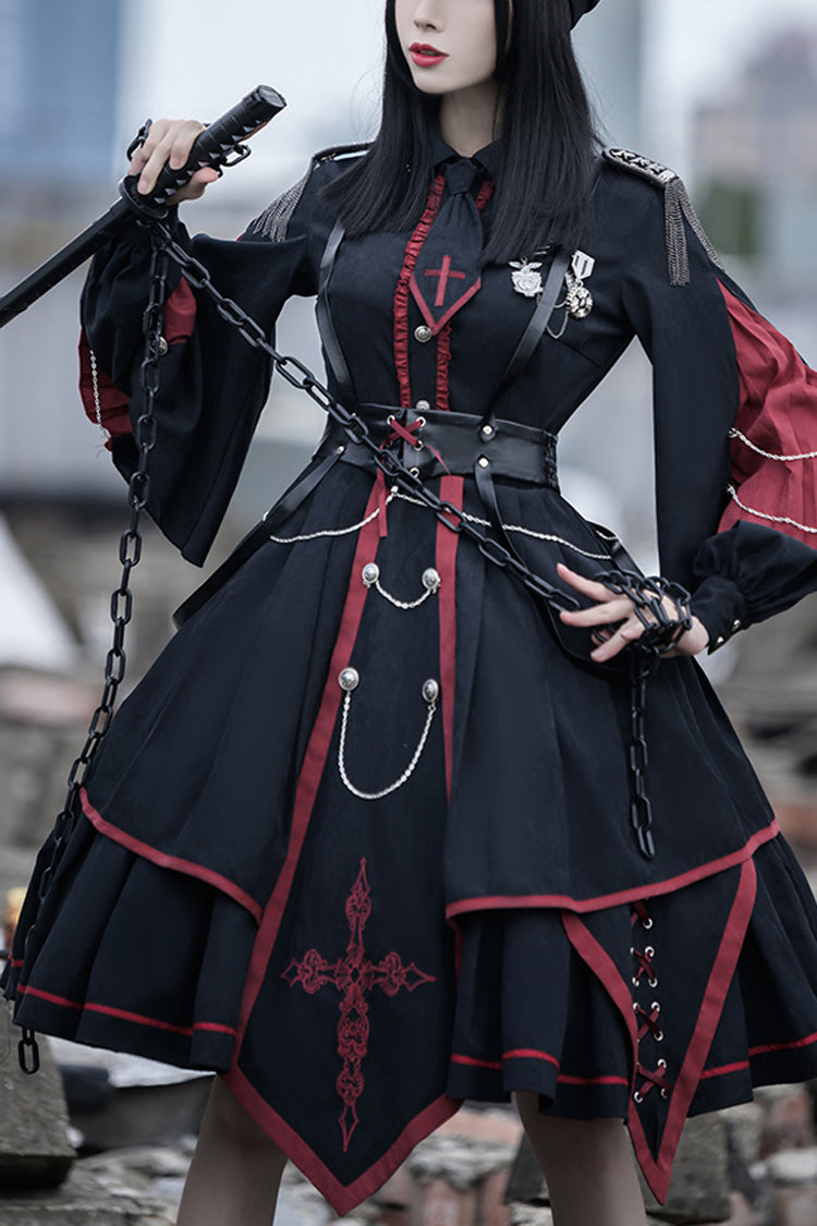 Black/Red Long Sleeves Punisher Military Irregular Gothic Lolita Dress Full Set - Black/Red - 1