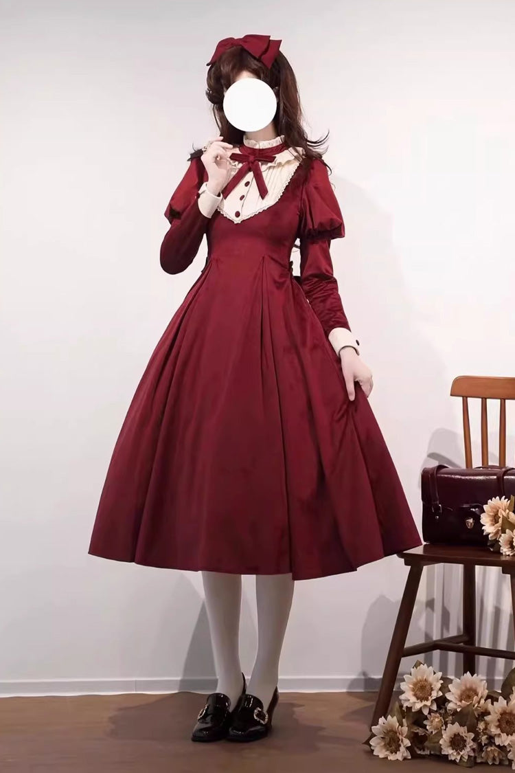 Wine Red [New Year] Stand Collar Long Sleeves Ruffled Bow Classic Lolita Dress - Wine-Red - 1