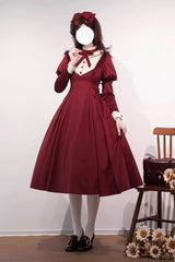 Wine Red [New Year] Stand Collar Long Sleeves Ruffled Bow Classic Lolita Dress - Wine-Red - 1