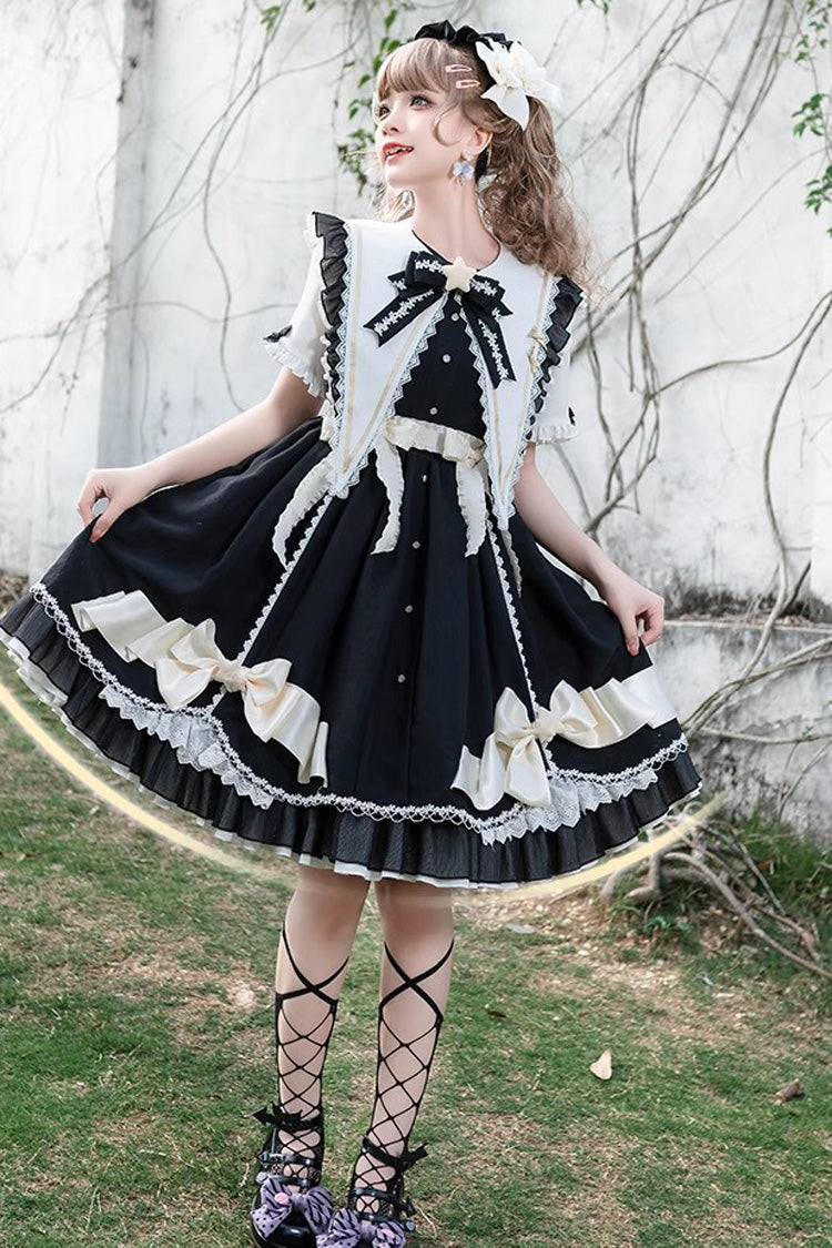 Black Sleeping Star Short Sleeves Ruffle Bowknot Lace Stitching Sweet Lolita Dress - Product - 7
