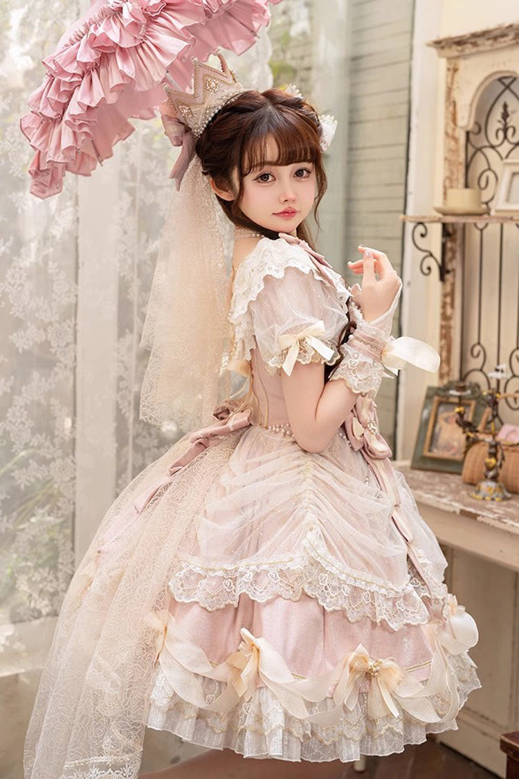 Pink [Girls' Day] Short Sleeves Multi-Layered Ruffle Bowknot Lace Sweet Lolita Dress 2 Versions - Product - 2