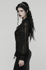 Black Stand Collar Long Puff Sleeves Floral Embroidered Women's Gothic Blouse - Product - 2