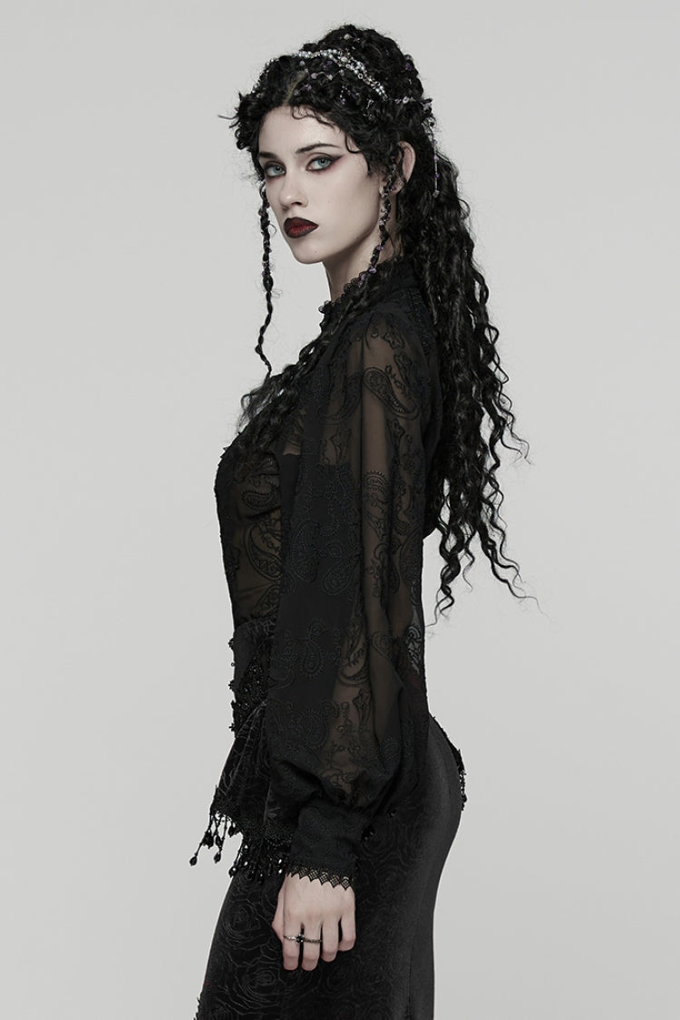 Black Stand Collar Long Puff Sleeves Floral Embroidered Women's Gothic Blouse - Product - 2