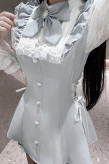 [Feather Ode] Jirai Kei Stand Collar Long Sleeves Ruffled Bow Lace Sweet Japanese Dress Shorts Set 2 Colors - Product - 7