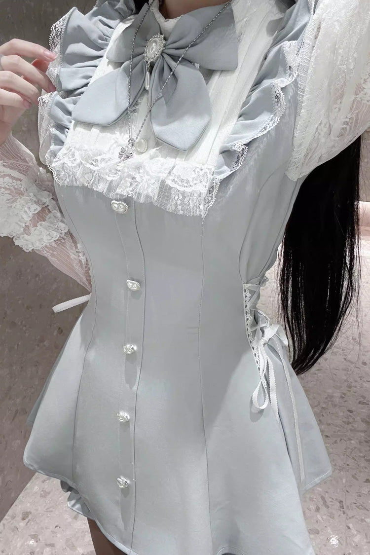 [Feather Ode] Jirai Kei Stand Collar Long Sleeves Ruffled Bow Lace Sweet Japanese Dress Shorts Set 2 Colors - Product - 7