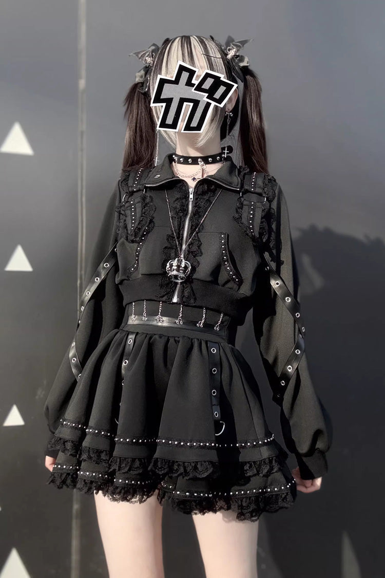 Black [False Judgment] Ruffled Lace Zippered Gothic Jirai Kei Japanese Handsome Skirt Set - Product - 8