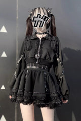 Black [False Judgment] Ruffled Lace Zippered Gothic Jirai Kei Japanese Handsome Skirt Set - Product - 8