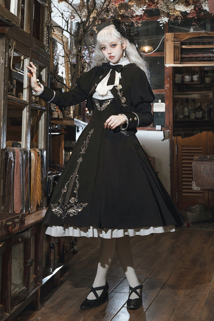 Black/White [Violin Variations] Ruffled Embroidered Gothic Lolita Jumper Dress Set - Product - 3