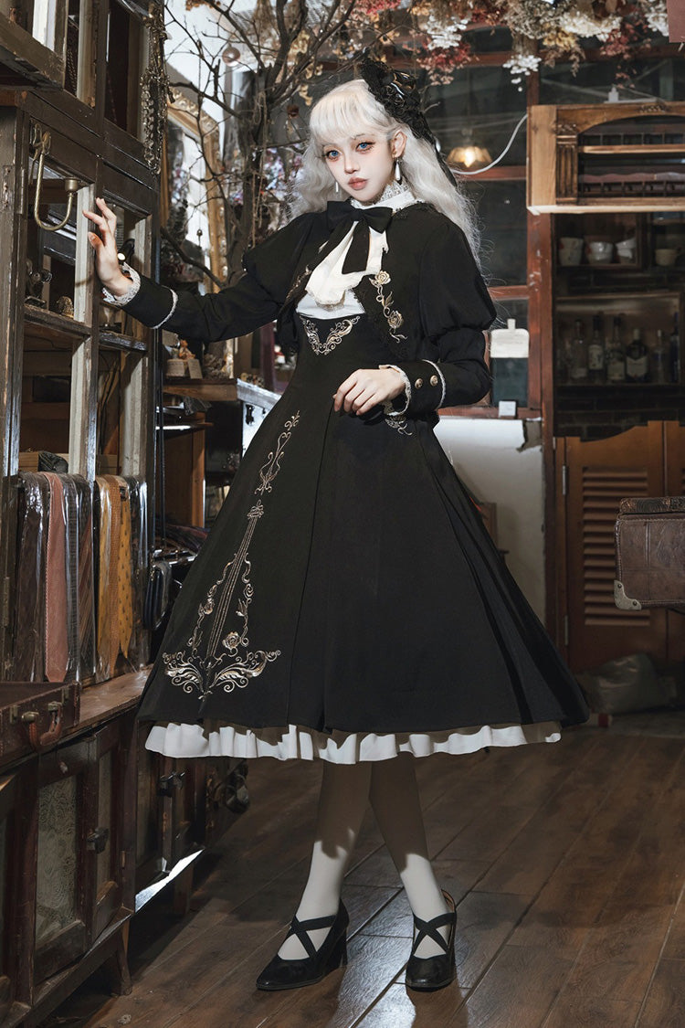 Black/White [Violin Variations] Ruffled Embroidered Gothic Lolita Jumper Dress Set - Product - 3