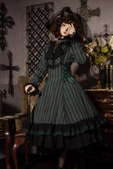 Point Manor Stand Collar Long Sleeves Multi-layer Striped Print Ruffle Gothic Lolita Dress 4 Colors - Product - 3