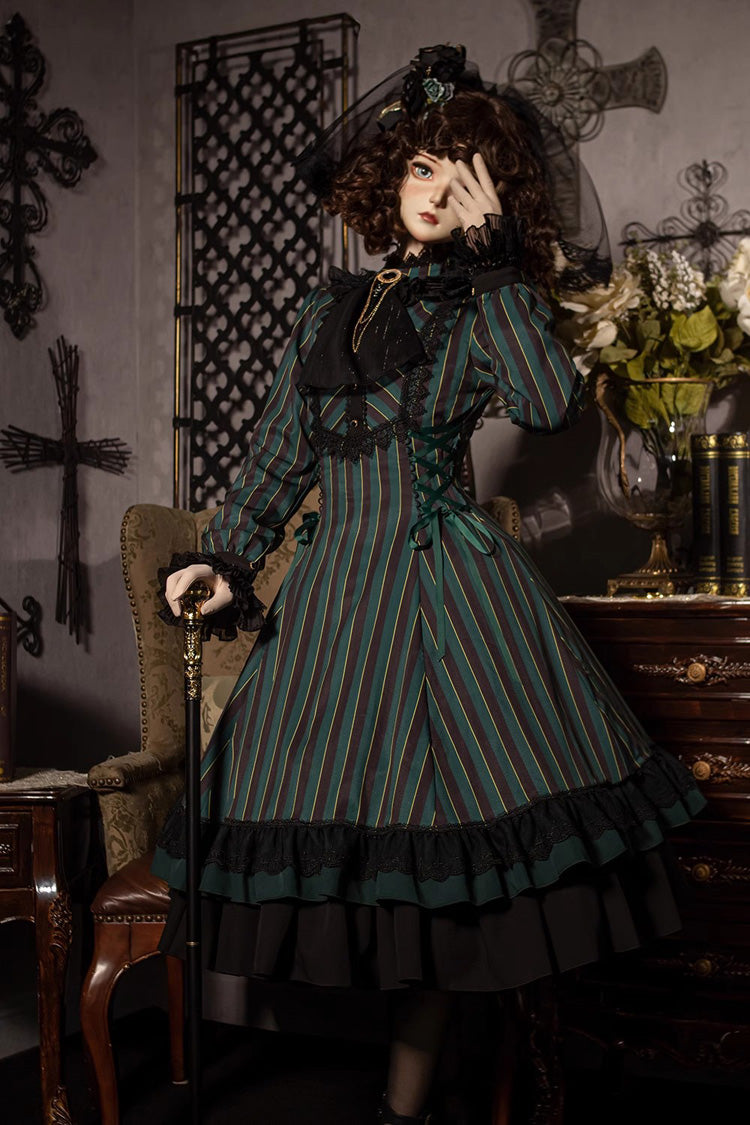 Point Manor Stand Collar Long Sleeves Multi-layer Striped Print Ruffle Gothic Lolita Dress 4 Colors - Product - 3