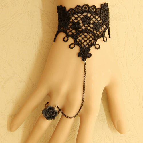 Black Retro Fashion Simple Lace Female Gothic Lolita Ring Bracelet - Black - 1