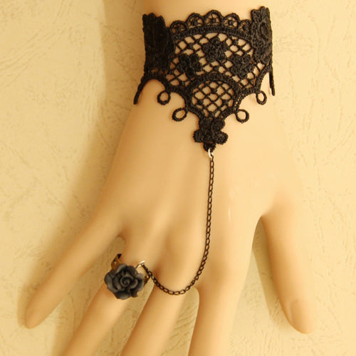 Black Retro Fashion Simple Lace Female Gothic Lolita Ring Bracelet - Black - 1