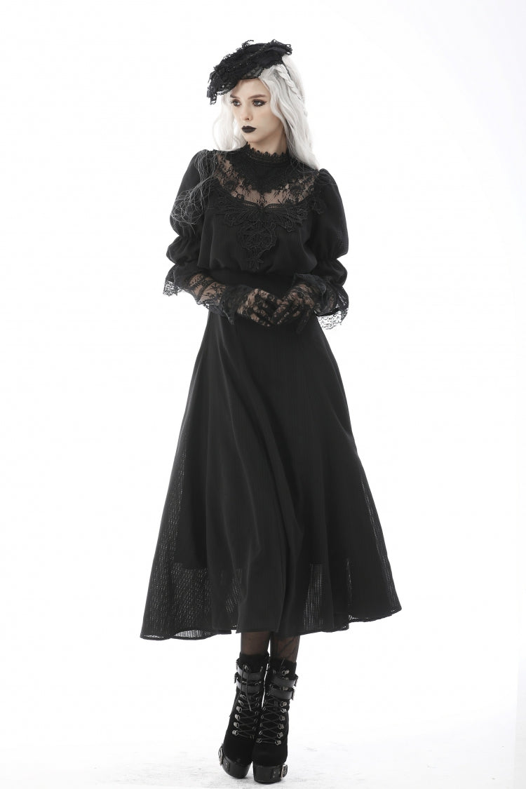 Black Stand Collar Cut-Out Half Sleeves Lace Spliced Women's Gothic Maxi Dress - Product - 11