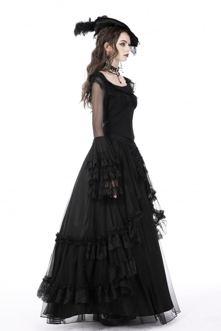 Black Multi-Layered Ruffled Lace Long Trumpet Sleeves Women's Gothic Princess Sexy Top - Product - 2