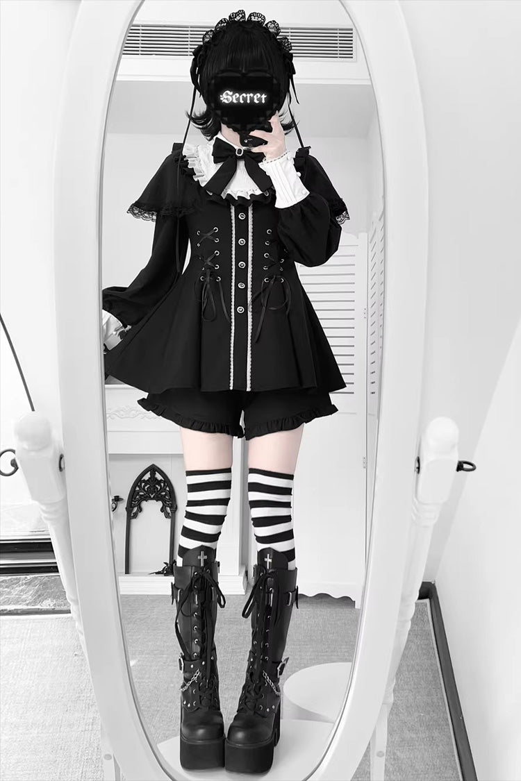 [Twilight Reimi] Long Sleeves Printed Ruffled Bow Lace Sweet Jirai Kei Japanese Dress Shorts Set 4 Colors - Solid-Black - 8