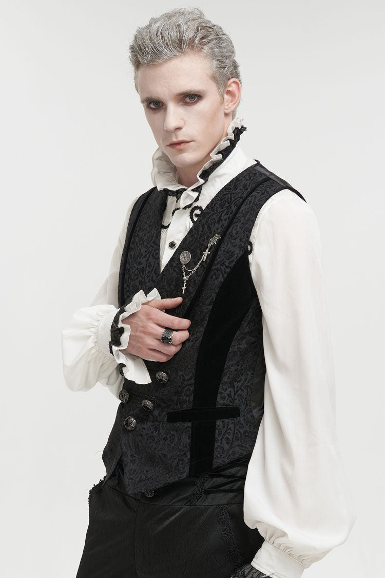 Black Slim Fit Retro Jacquard Chest Metal Chain Cross Men's Gothic Vest - Product - 3