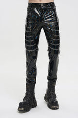 Black Stretch Symphony Metal Chains On Both Sides Versatile Leather Men's Gothic Pants - Black - 1