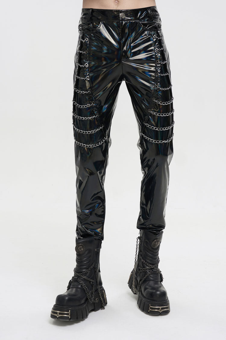 Black Stretch Symphony Metal Chains On Both Sides Versatile Leather Men's Gothic Pants - Black - 1