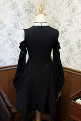 Black/White Stand Collar Off Shoulder Long Sleeves Ruffled Bow Lace Gothic Jirai Kei Japanese Lolita Dress - Product - 2
