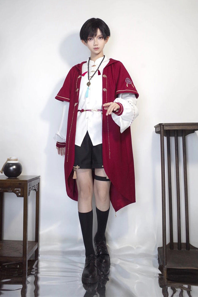 Red/White/Black Stand Collar Long Sleeves Rabbit Ears Hooded Sweet Chinese Style Prince Ouji Lolita Robe Blouse Shorts Set - Product - 2