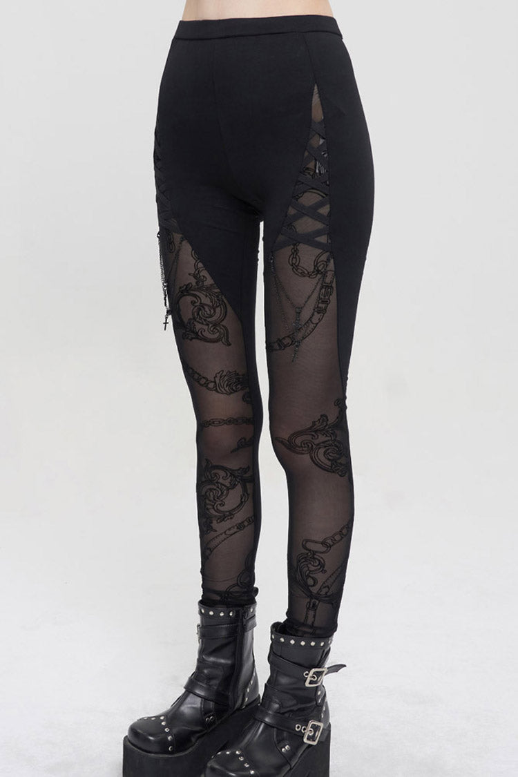 Black Detachable Knitted Fabric Splicing Printing Mesh Women's Punk Leggings - Product - 3