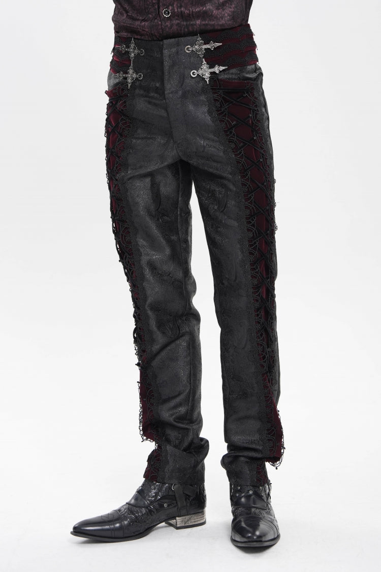 Black/Red Jacquard Spliced Lace-Up Slim Men's Gothic Velvet Palace Pants - Product - 8