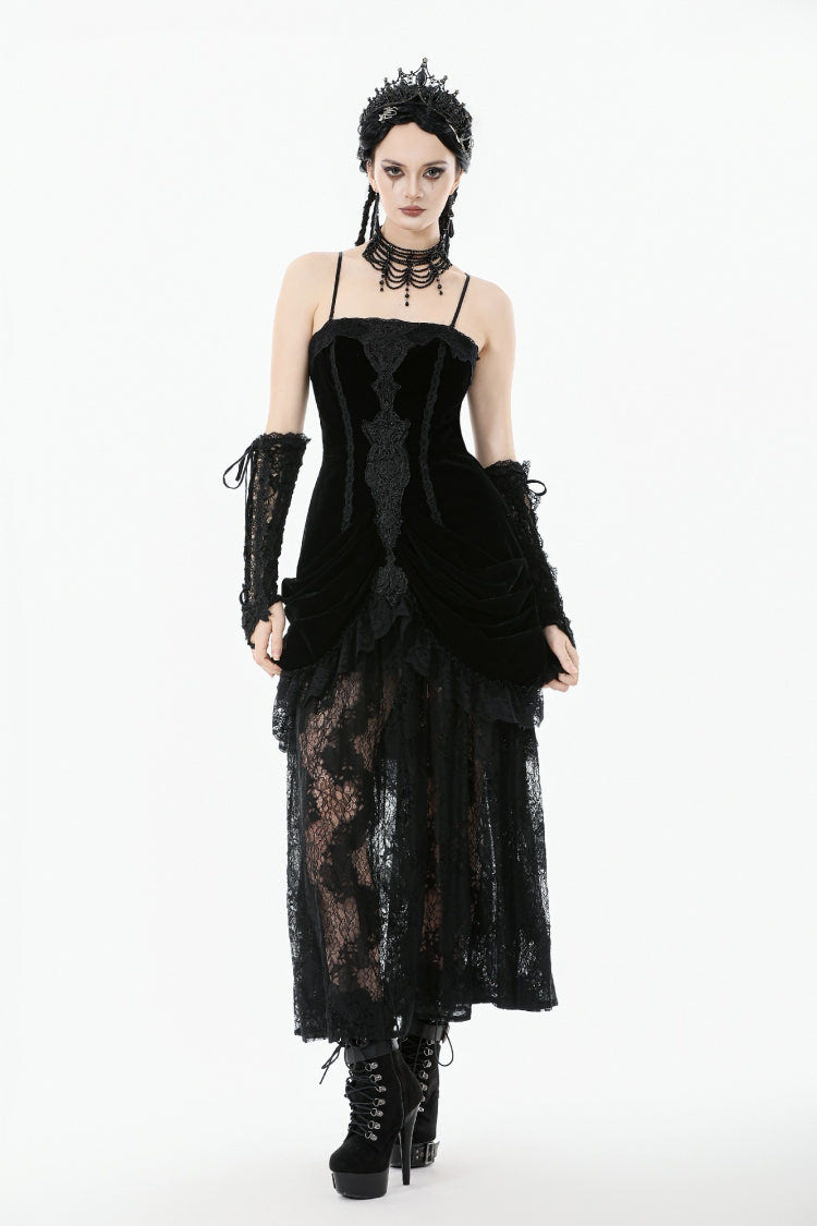 Black Women's Gothic Embroidered Lace Hem Ruched Slip Wedding Dress - Product - 9