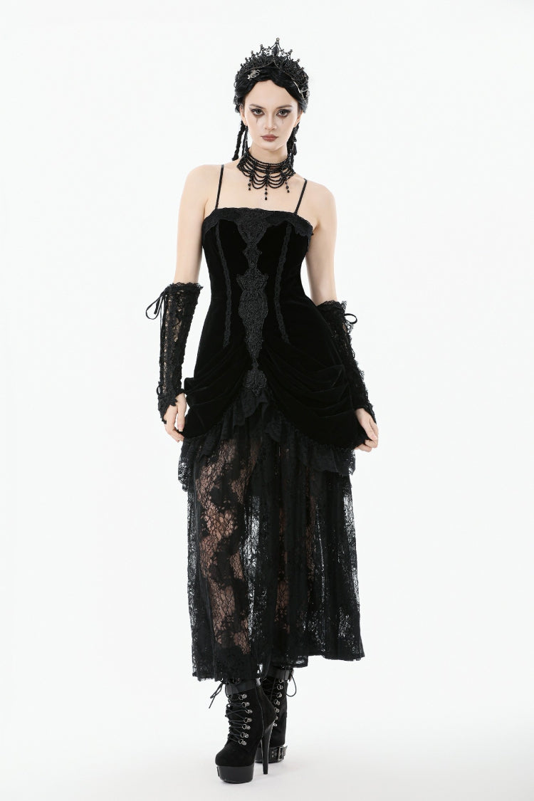 Black Women's Gothic Embroidered Lace Hem Ruched Slip Wedding Dress - Product - 9