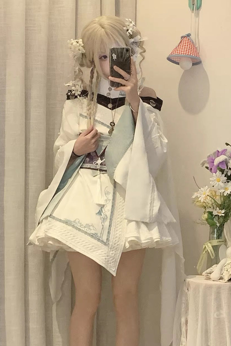 White [Dragon’s Breath Valley] Long Sleeves Ruffled Embroidered Asymmetric Chinese Style Gothic Lolita Dress - Product - 5