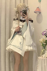 White [Dragon’s Breath Valley] Long Sleeves Ruffled Embroidered Asymmetric Chinese Style Gothic Lolita Dress - Product - 5