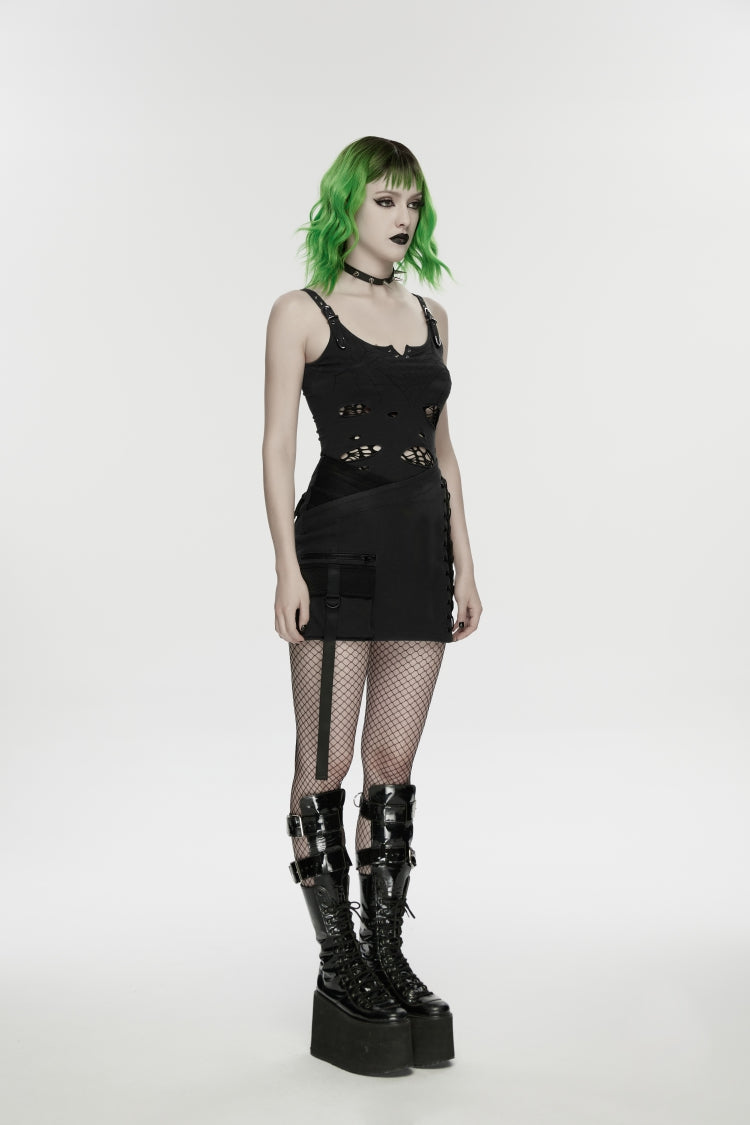 Black Lace-Up Slim Asymmetric Zippered Eyelet Women's Punk Handsome Skirt - Product - 2