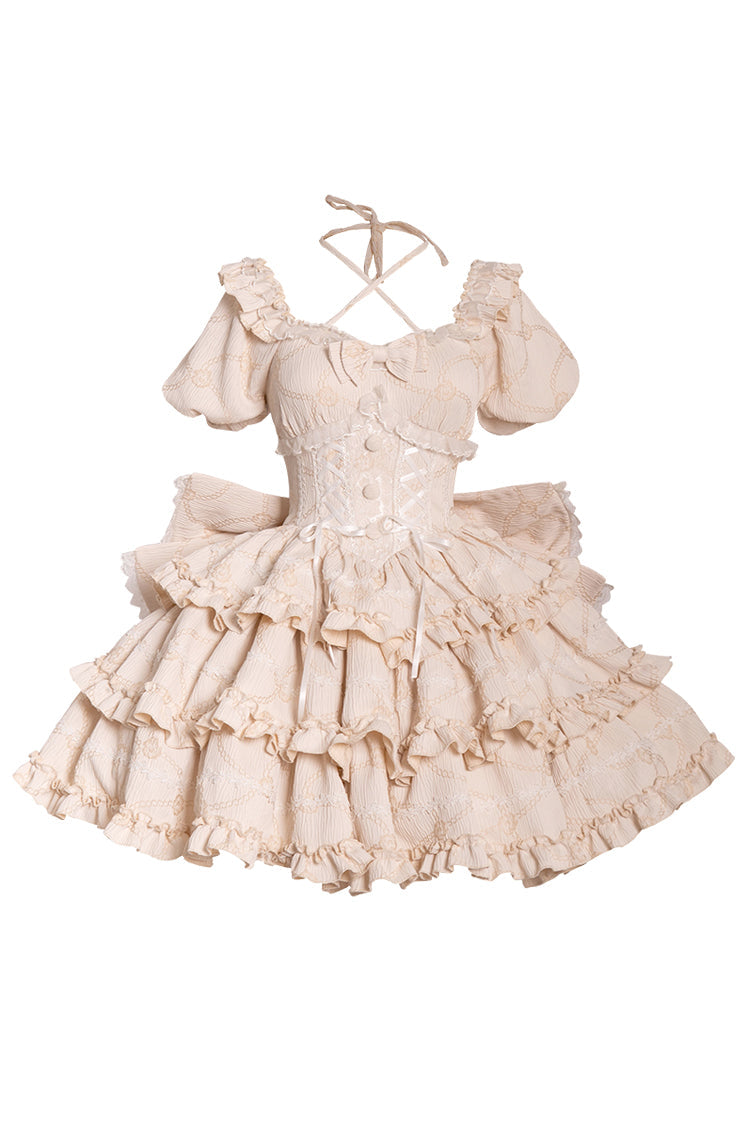 Champagne Square Collar Short Sleeves Triple-Layered Ruffle Bowknot Sweet Lolita Dress - Product - 3
