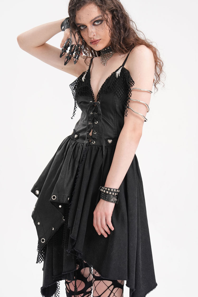 Black Sleeveless Lace Irregular Mesh Women's Gothic Slip Dress - Product - 13