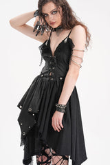 Black Sleeveless Lace Irregular Mesh Women's Gothic Slip Dress - Product - 13