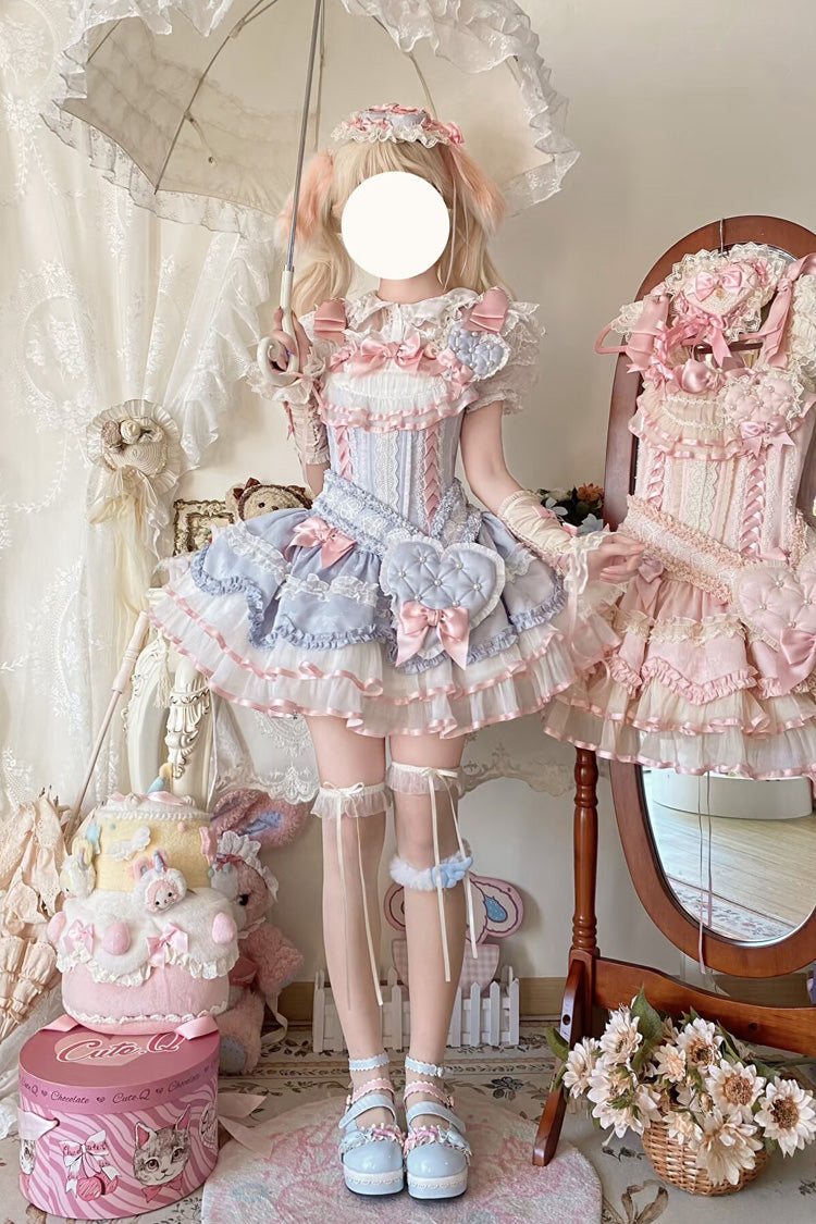 Blue Triple-Layered Ruffled Bow Lace-Up Slim Ballet Sweet Lolita Dress - Product - 4