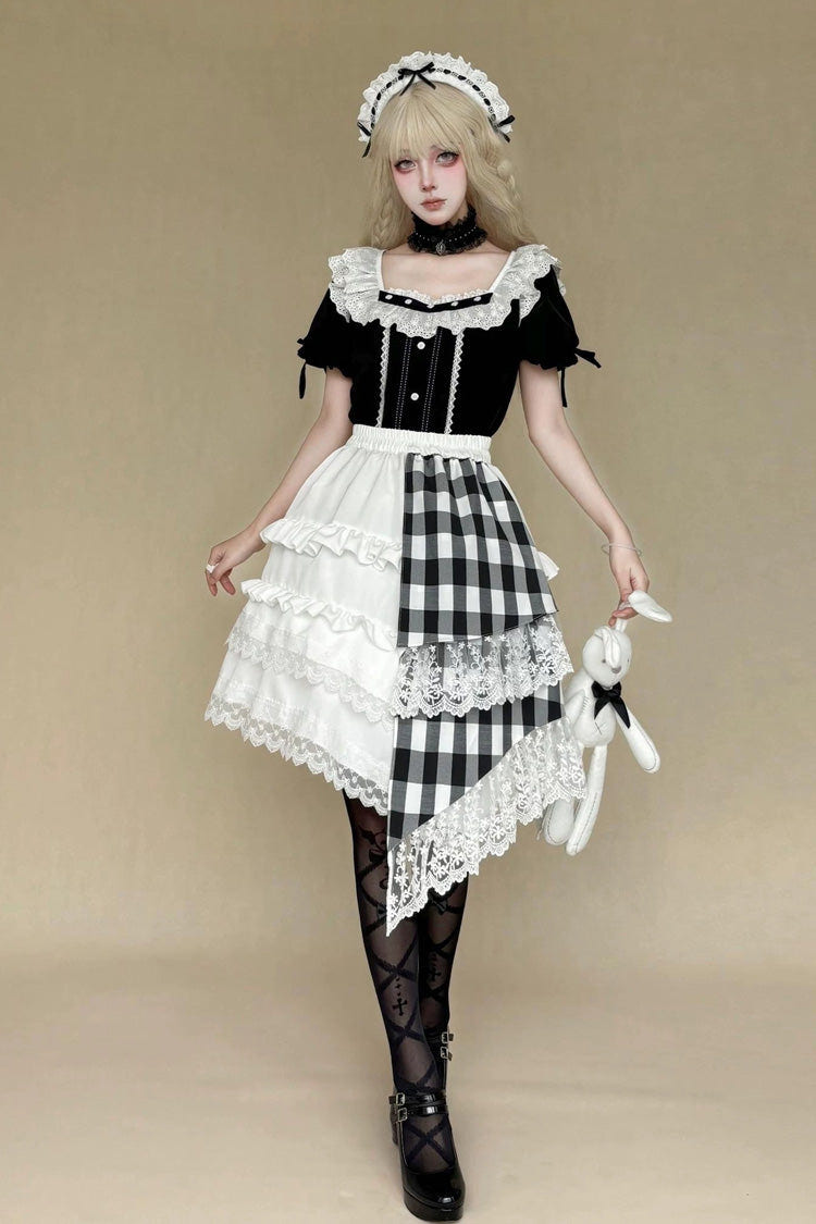 Black/White Short Sleeves Plaid Printed Lace Irregular Asymmetric Gothic Lolita Skirt Set - Product - 6